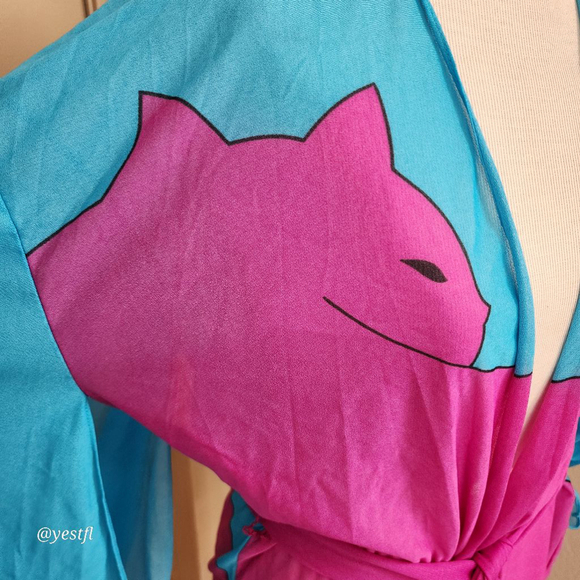 Vintage fun cat blue and pink Kimono robe FLAWED whimsy fairy - Picture 4 of 8